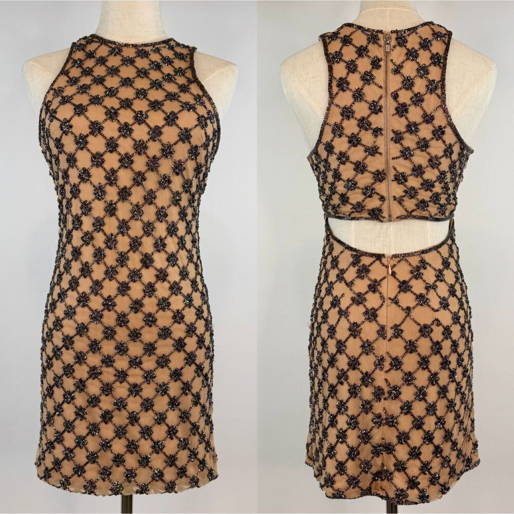 RevolvexNBD Mini Bodycon Dress High Neck Nude Sleeveless Beaded Lattice Pattern